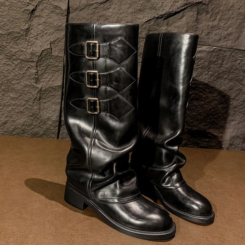 LBSFY  -  Round Toe Belt Buckle Thick Heel Boots Designer Winter Stitching Slip-On Shoes for Women Genuine Leather Knee-High Botas Mujer