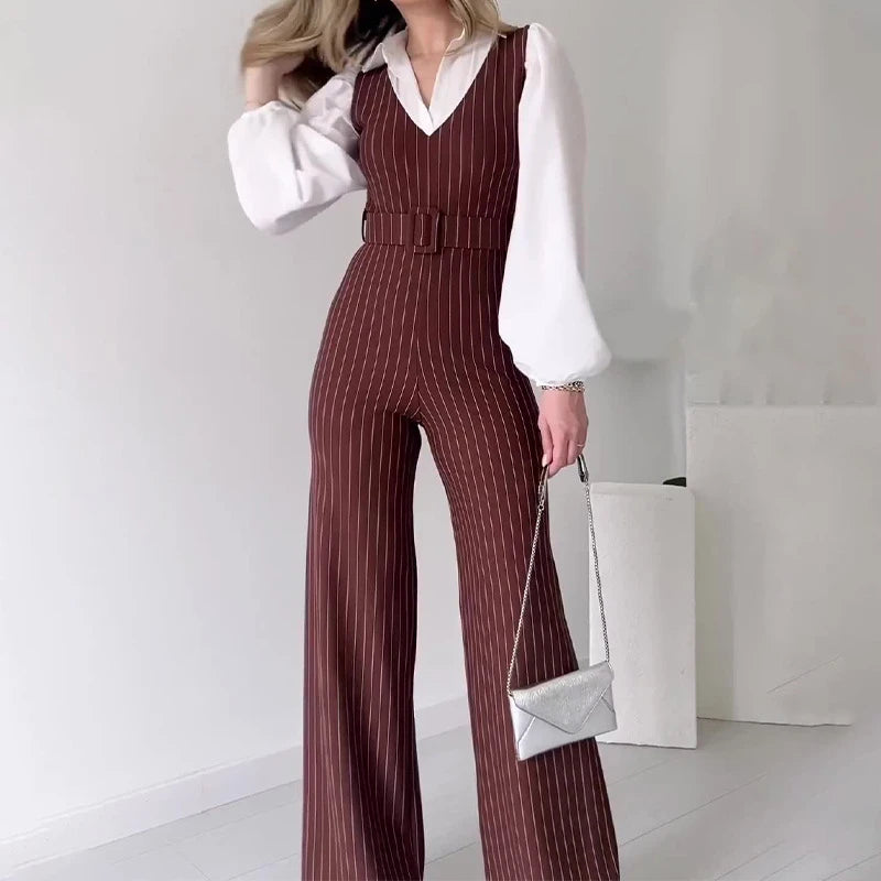 LBSFY  -  Vintage Hollow Out Sleeveless Belt Rompers Office Fashion Slim Long Pants Vest Playsuit FemaleV Neck Striped Straight Jumpsuit