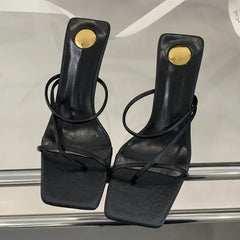 LBSFY -Summer New Fashion Narrow Band Hollow Out Slippers Women Square Toe Thin Low Heels Party Ladies Shoes