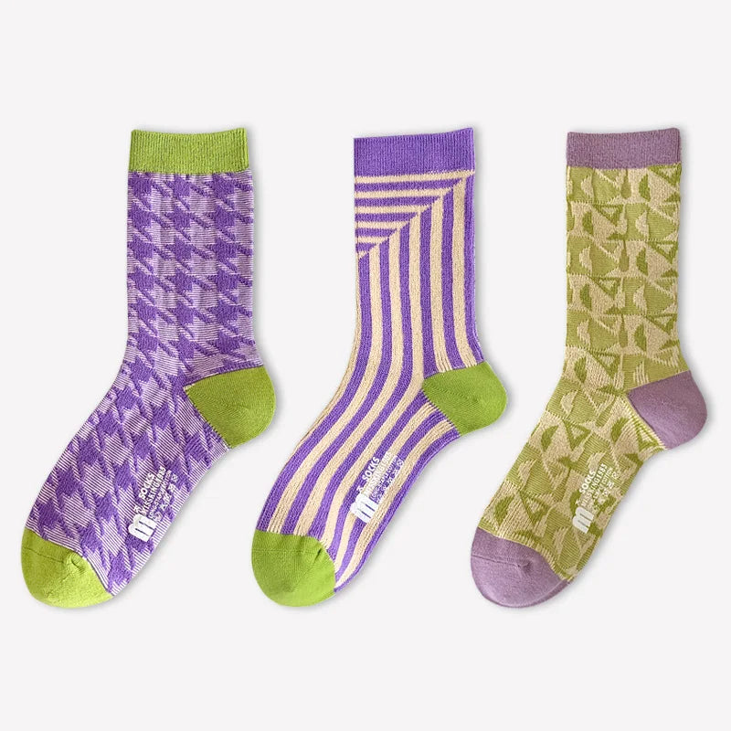 Lbsfy Winter Purple Series Socks for Women Fashion Double Needle Middle Tube Sock Commuter Trendy Geometric Socks Stripes Female Sox