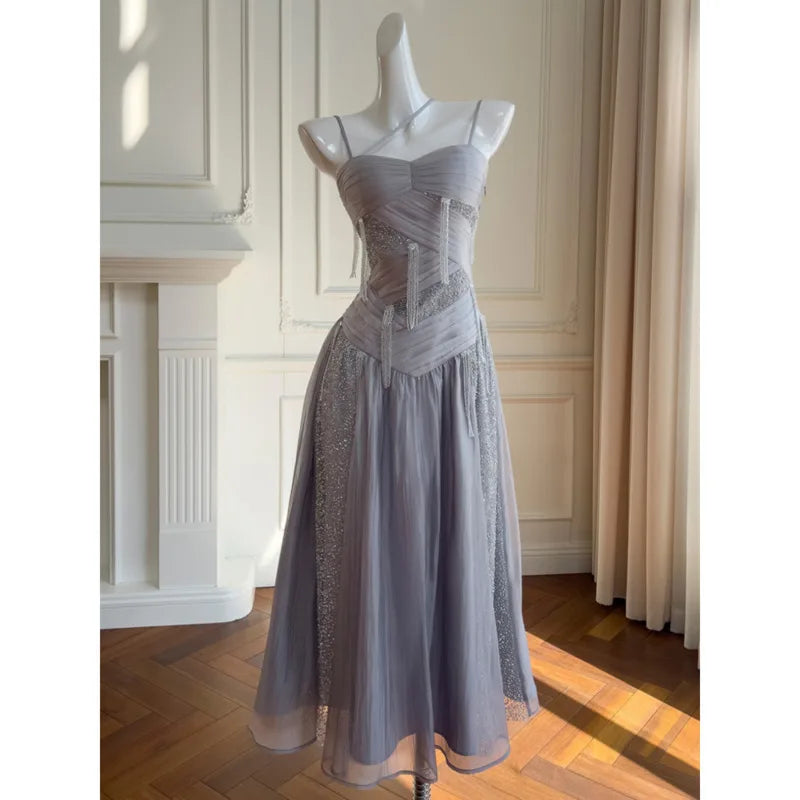 LBSFY -Charming Women's Gray Tulle Midi Dress With Lace Appliques Neckline Sleeveless Party Formal Gown Elegant