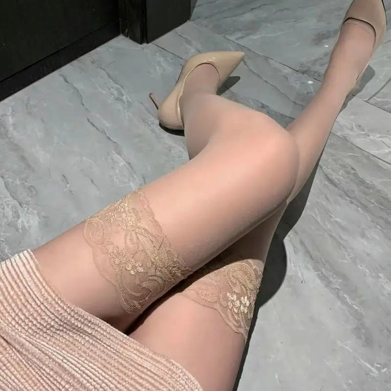 Lbsfy Lace Knee Thigh High Elastic Fishnet Stockings Sexy Transparent Thin Black Stocking White Plus Size Long Socks for Women Summer