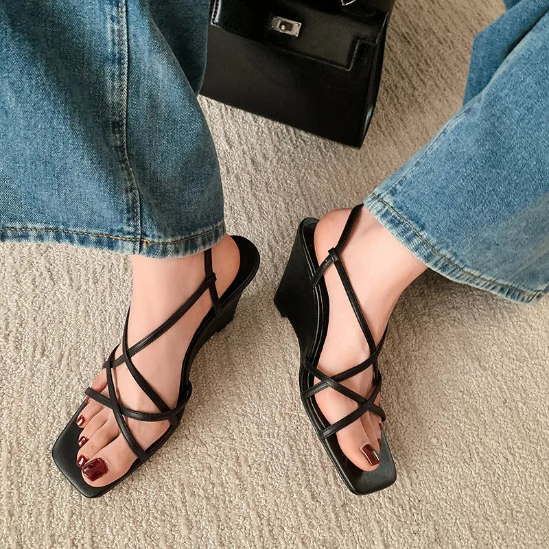 LBSFY  -  Fashion Sandals Women's New High Quality True Leather Open Toe Thin Belt Cross Wedges Heel Sandals Summer Open Shoes