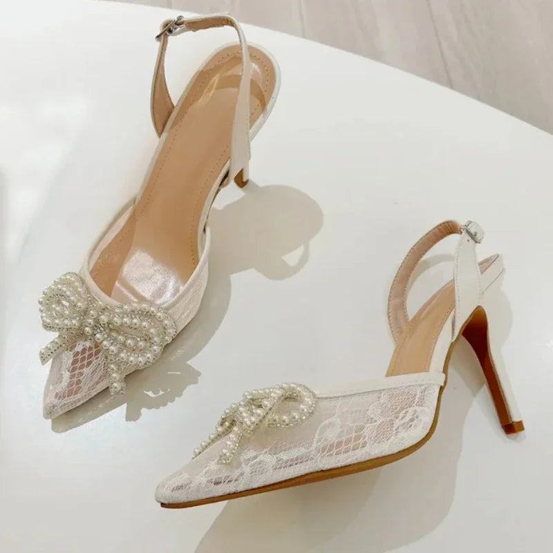 Lbsfy Lace String Bead Thin High Heels Women Pointed Toe Bowknot Party Dress Shoes Hollow Breathable Mesh Slingbacks Sandals Women