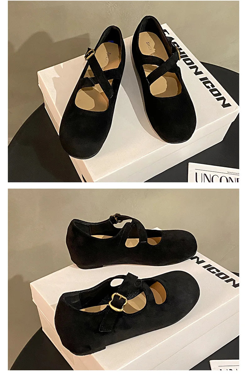 LBSFY -Retro Faux Suede Flat Internal Increase Women Dance Shoes 2025 Spring Autumn New French Casual Commuting Mary Jane Shoes Woman