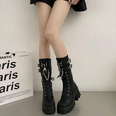 LBSFY -Women's Punk Gothic Boots 2025 Fashion Buckle Chain High Heels Mid Calf Boots Women Black Pu Leather Plus Size 42 Autumn Botas