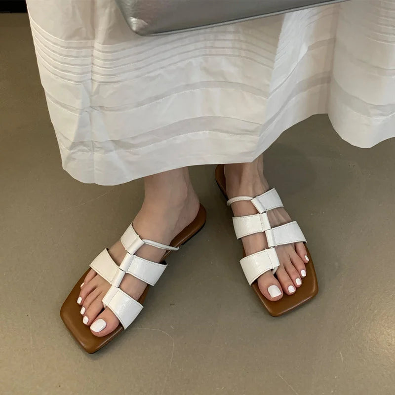 LBSFY  -Summer Casual Flat Sliper Square Toe Shoes Women Slip-On Beach Slides Soft Outdoor Sandals Mujer