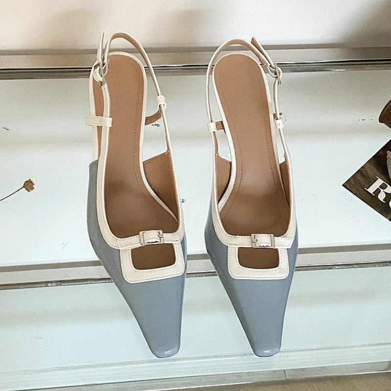Lbsfy New Pointed Toe Mules Pumps Women Summer Square Toe Slingback High Heels Women Buckle Elegant Designer Dress Sandals Female