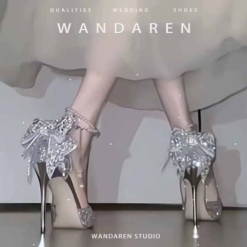 LBSFY  -French new pointy shallow mouth temperament elegant sequin bow high heels women's fine heel pearl line with a single shoe