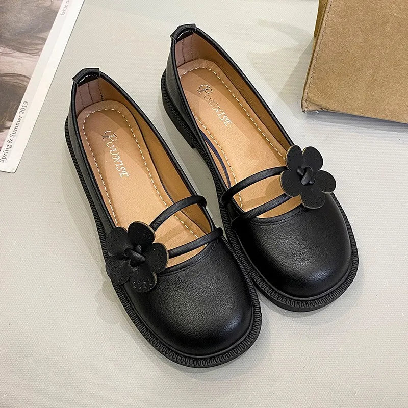 LBSFY  -  Retro Leather Flower Mary Jane Shoes for Women Spring Autumn Soft-soled Women's Designer Shoes Fashion Casual Low Heels Female