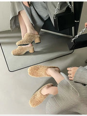 LBSFY  -  Round Toe Women Slides Slippers Fur Design 2024New Arrivals Slip On Round High Heels Black Beige Pink Autumn Outdoor Slippers