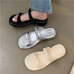 LBSFY -New Summer Women's Slippers 2025 Stylish Peep-toe Low Heel Silver Women's Comfortable Beach Shoes Sapatilas