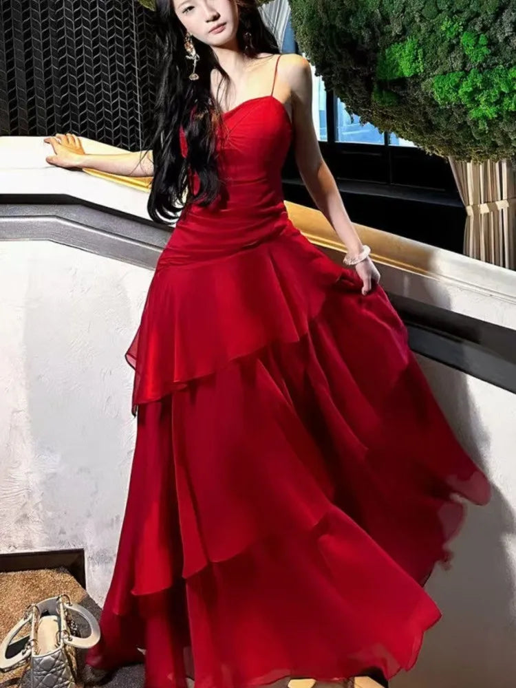 LBSFY -Fashion Elegant Ruffles Spaghetti Strap Women's Dresses Slim Waist Wedding Graduation Party Vacation Tiered Midi Dress Summer