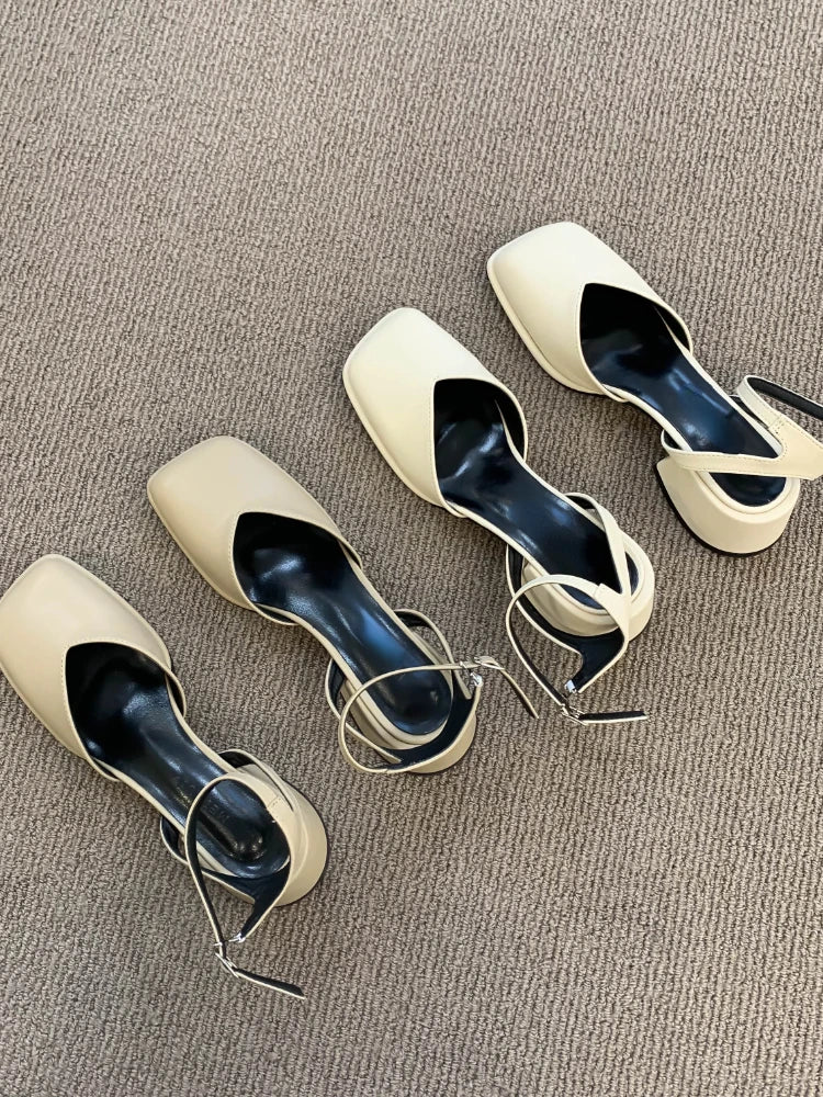 LBSFY  -   Summer Hollow Out Pure Color Sandals Woman Non Slip Casual Elegant Shoes Beach Korean Style Buckle Medium Heels Shoes Slim