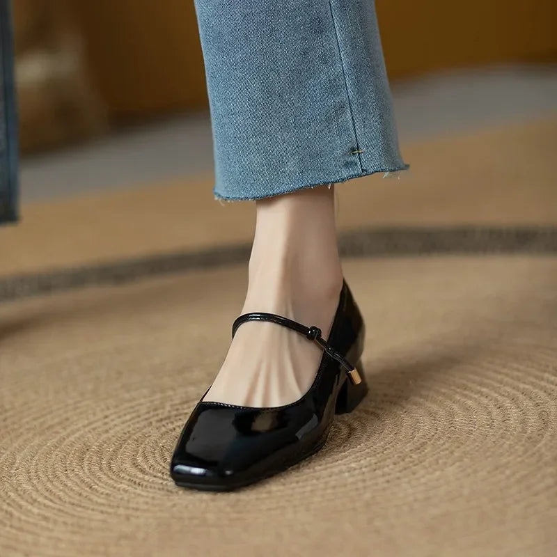 LBSFY -Elegant High Heels French Dress Party Shoes for Woman Platform Patent Leather Mary Jane Burgundy Black Square Toe Mid-heel Pumps