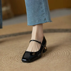 LBSFY -Elegant High Heels French Dress Party Shoes for Woman Platform Patent Leather Mary Jane Burgundy Black Square Toe Mid-heel Pumps