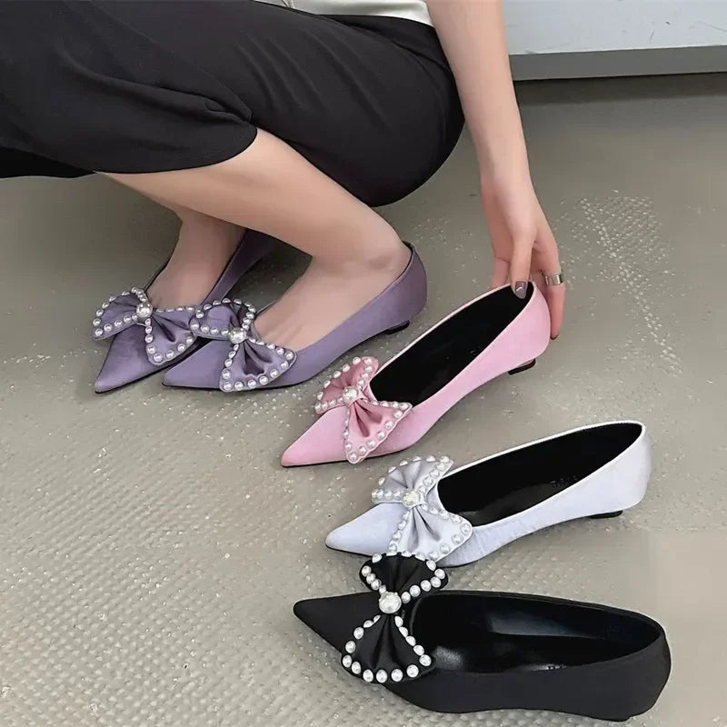 Lbsfy Bowknot Elegant Office Women Shoes Shallow Fashion Satin Pearl Low Heel Dress Shoes Pointed Toe Comfort Loafers Mules Shoes