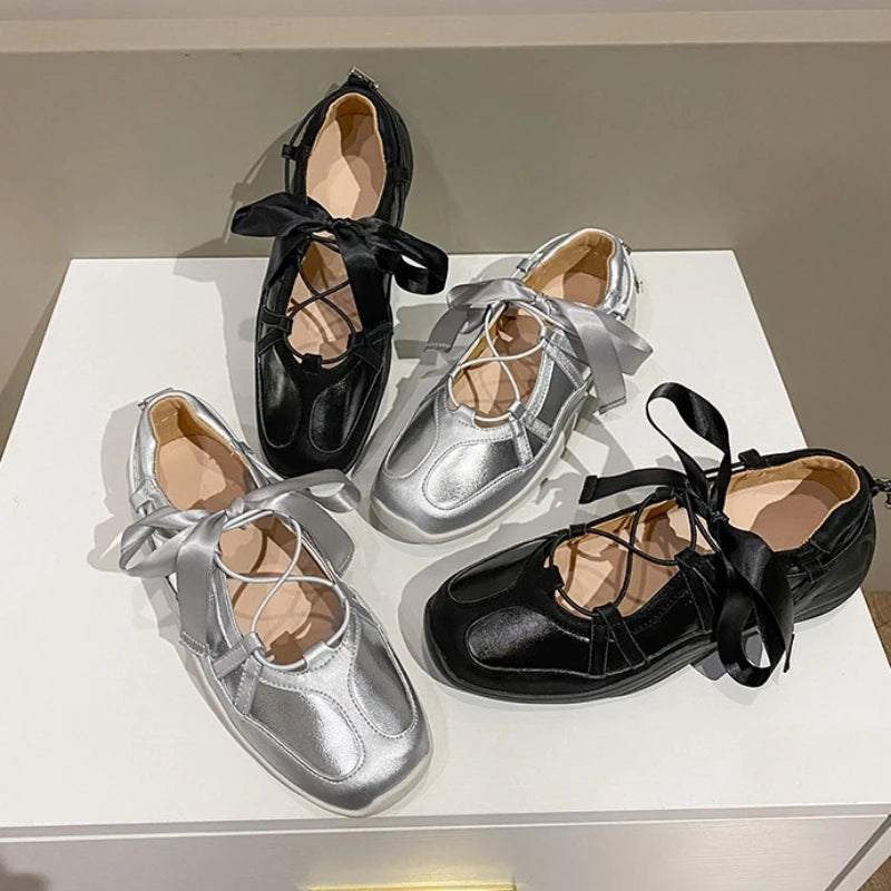 LBSFY -Ballet Flat Sneakers Women's Thick Bottom Bowknot Hollow Out Shoes Fashion Designer Mary Jane Ballet Comfort Shoes Female