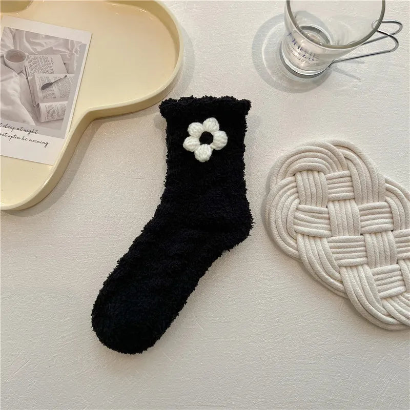 Lbsfy Women Cute Fuzzy Socks White Black  Winter Warm Fleece Kawaii Flower Bowknot Fluffy Socks Fashion Thicken Home Floor Sleep Sock