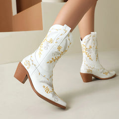 LBSFY  -  Women Cowboy Boots Ankel Block Heel Embroider Silver Pu Leather Plush Size 35-46 Western Cowgirl Shoes