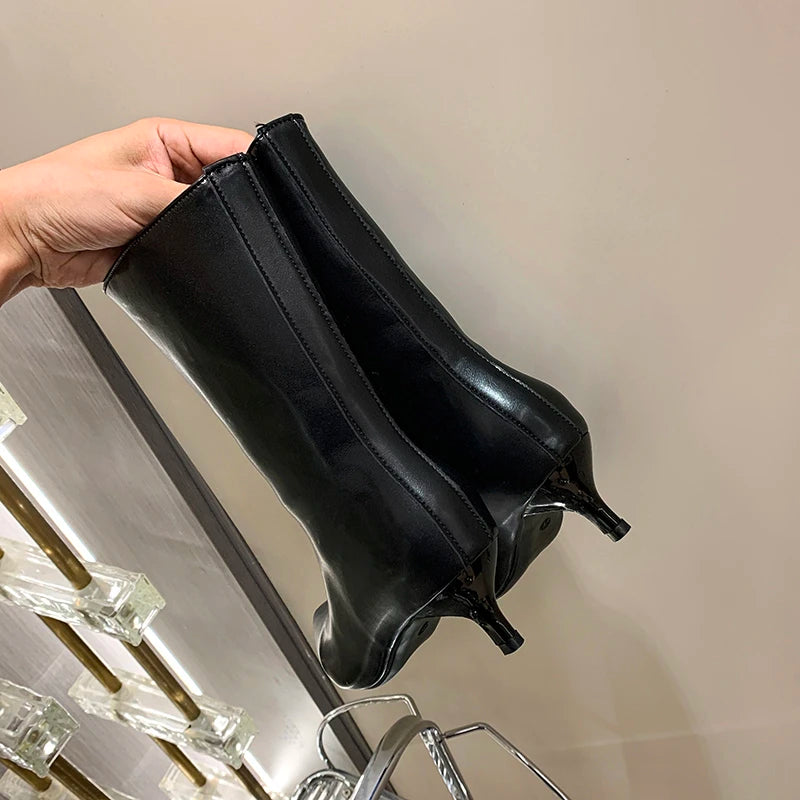 LBSFY -Sexy Pointed Toe High Heels Luxury Women High Boots 2025 Winter Designer Mid Calf Snow Boots Soft Leather Goth Botas Dress Pumps