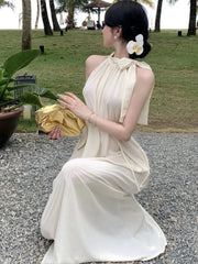 LBSFY -Summer Spring French Halter Womens Dresses Elegant Off Shoulder Birthday Party Midi Dress Female Holiday Loose Casual Vestidos