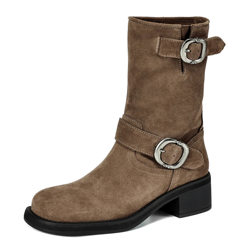 LBSFY  -  Plus Size 34-41 Cow Suede Ankle Boots Square Toe Buckle Motorcycle Booties Chunky Heels Retro Winter  Short Botas