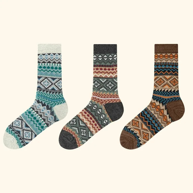 Lbsfy 3 Pairs Men's Retro Socks Ethnic Style Geometric Stripes Cotton Crew Socks Male Breathable and Sweat-absorbing Winter Warm Sock