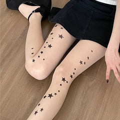 Lbsfy Women Sheer Tights with Pattern Star Printed Pantyhose Summer Spring Anti-Hook Girls Cute Gemoetric Pantyhose Female Thin Tight