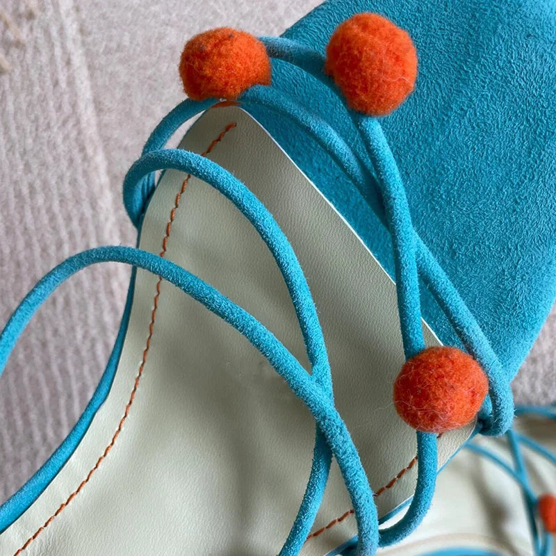 LBSFY -Women Cute Small Ball Strap High-heeled Slippers Summer Open Toe Casual Sandals New Narrow Band Sexy Hollow Slippers