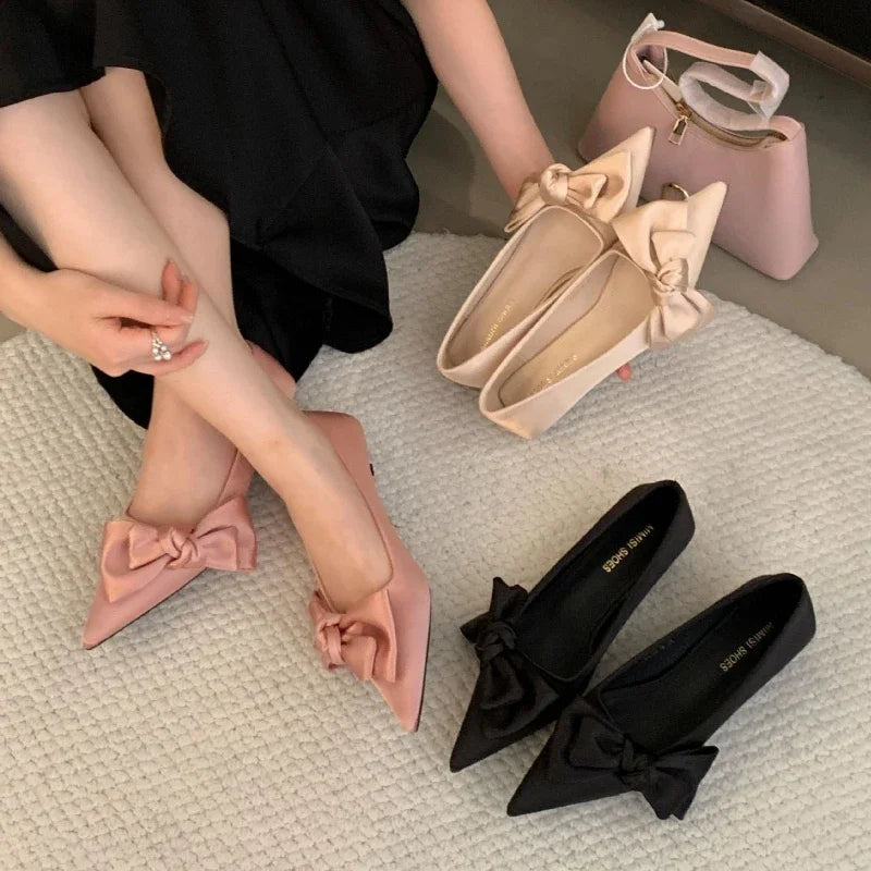 Lbsfy Elegant Low Heel Dress Shoes Ladies Pointed Toe Pumps Footwear Women Comfort Fashion Butterfly-Knot Sweet High Heels Shoes Women