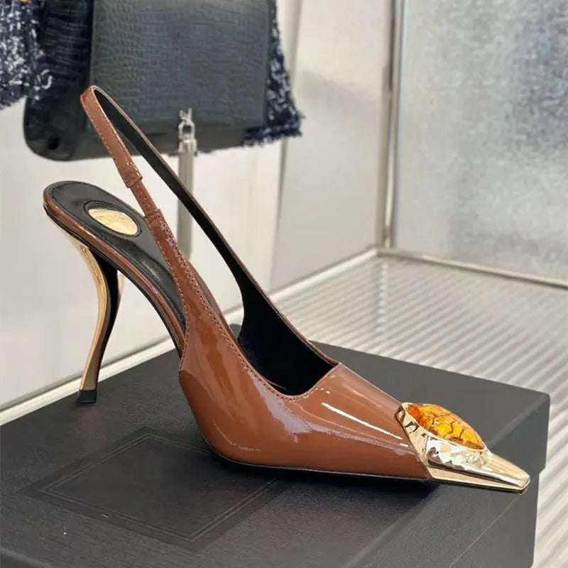 LBSFY  -  Star style Gemstone Metal Toe Patent Leather Women Pumps Fashion Stiletto High heels Spring Autumn Slingbacks Party Dress Shoes