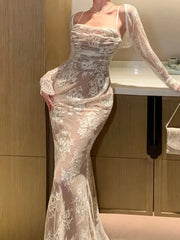 LBSFY -Elegant Bodycon Slim Lace Dress Women Sexy Vintage Casual Backless Bandage Party Dresses Female Fashion Long Robe Clothes Autumn