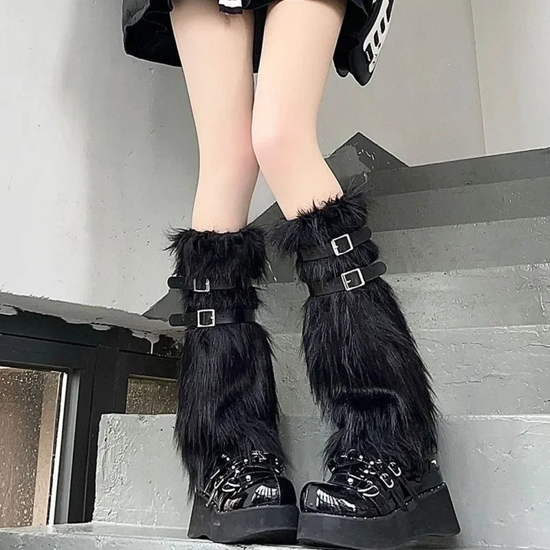 Lbsfy Punk Cross Strap Fur Leg Warmers PU Belt Thickened Imitation Rabbit Women Leggings Boots Cover Lolita Harajuku Party Accessories