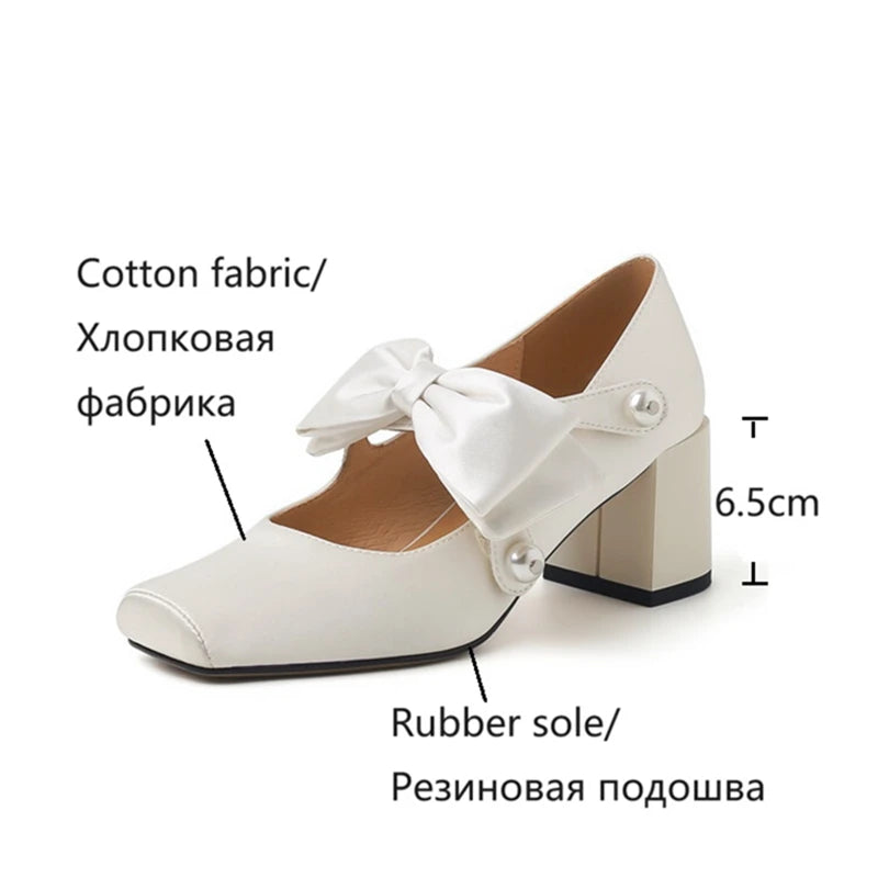 LBSFY  -  NEW Spring Women Pumps Cotton Fabric Shoes for Women Square Toe Chunky Shoes High Heel Mary Janes Sweet Bowknot Ballet Shoes