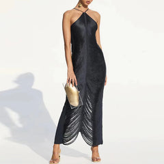 LBSFY  -  Elegant Sleeveless Hollow-shoulder Long Dress Fashion Women Solid Temperament Tassel Dress Sexy Slim Halter Club Party Dress