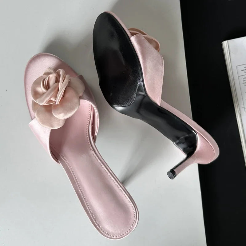 LBSFY -Summer Fashion Flower Woman Slippers Thin Low Heels Party Stripper Ladies Mules Slides Zapatos Mujer