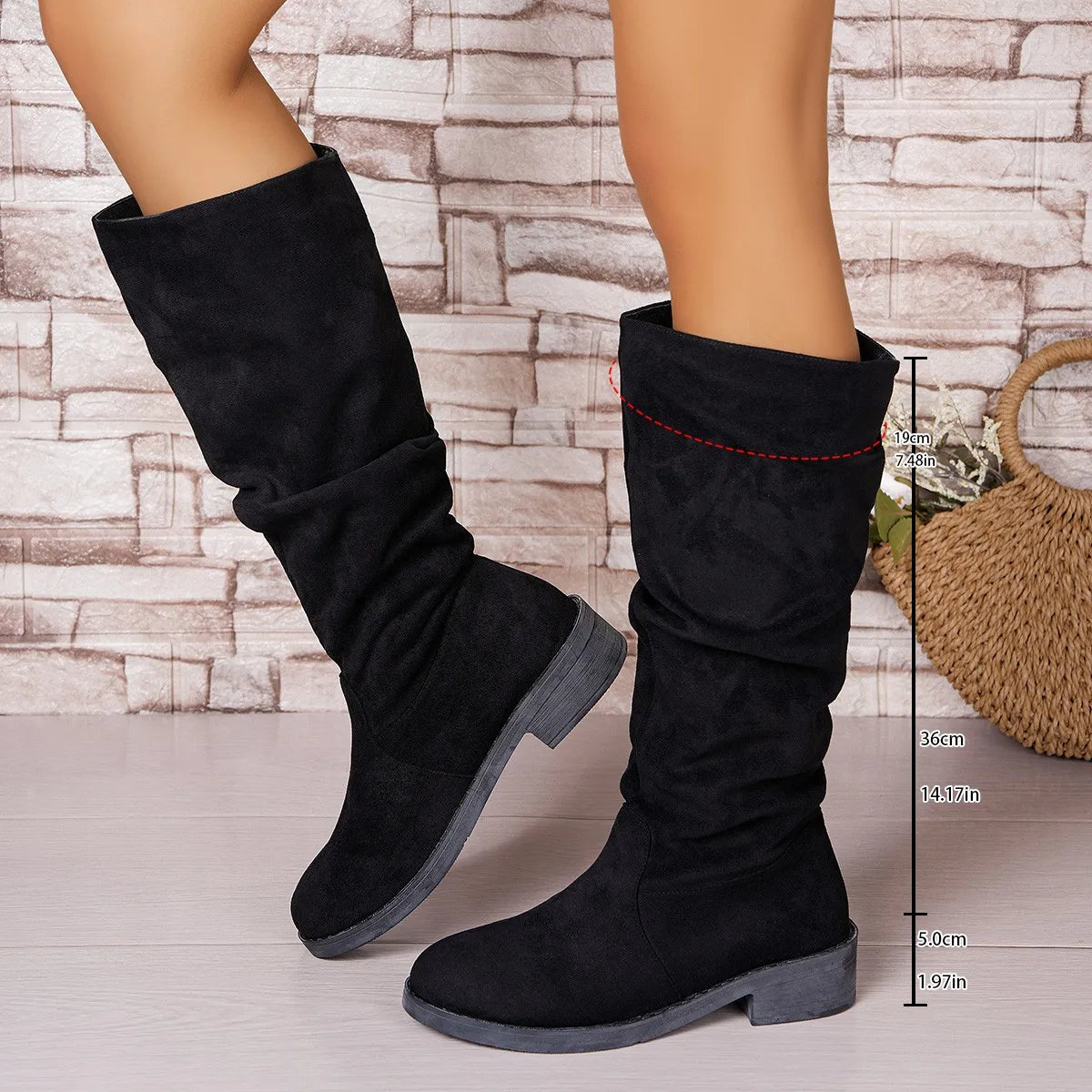 LBSFY -Pleated Boots Women Faux Suede Flock Knee High Boots Winter Women Fashion Slip on Square Low Heel Knight Booties Mujer