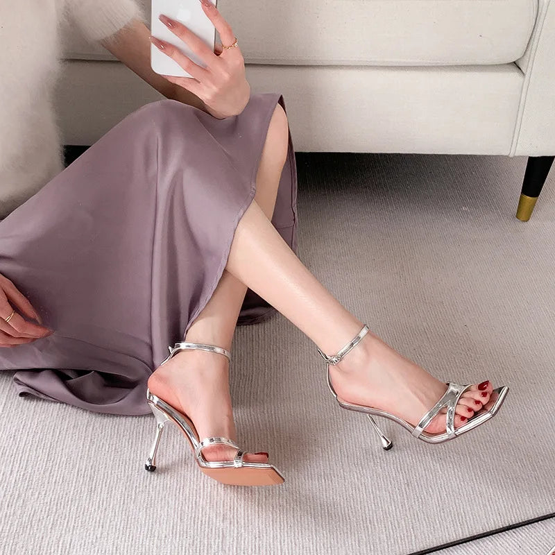 LBSFY  -  2024 Spring/Summer New High Heels Fashion Versatile Slim Heels High Heel High Heel Sandals with Silver Stripes for Women