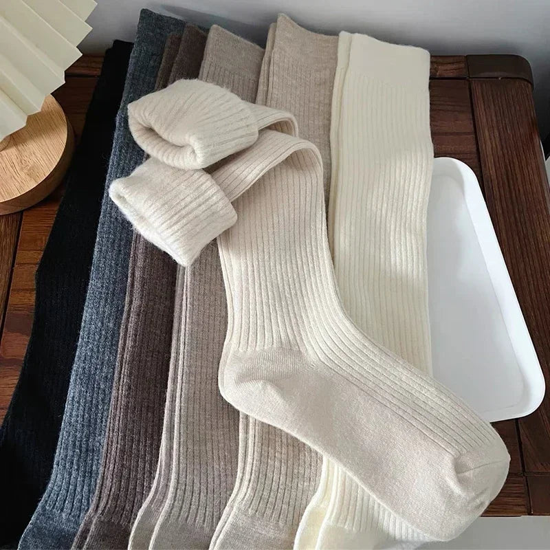 Lbsfy Winter Knitting Cotton Long Socks Women Wool Cashmere Stockings Warm Thick Thigh High Stocking Girls Solid Knee Socks Calf Sock