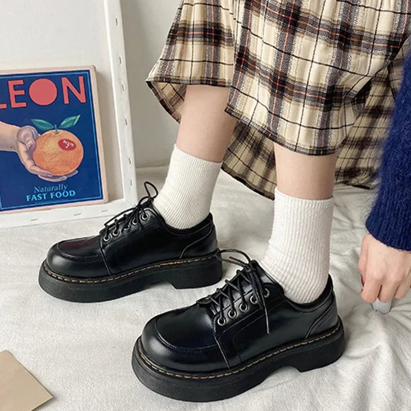 LBSFY -Mary Jane Women Pumps 2025 Spring Solid Lace-up Platform Shoes Round Toe Casual Zapatillas Mujer Black 4.5CM High Zapato De Tacón