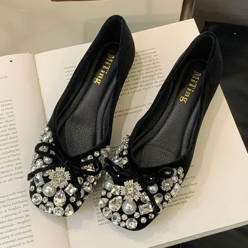 Lbsfy Crystal Pearl Designer Flat Women Shoes Comfort Soft Soled Dress Shoes Leisure Shiny Rhinestones Mules Shoes Zapatos De Mujer