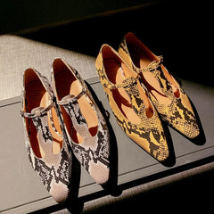 LBSFY  -  Fashion Pumps New High Quality Genuine Leather Round Head T-shaped Buckle Serpentine Pattern Low Heel Shoes Mary Janes