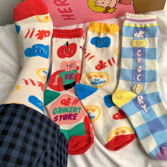 Lbsfy Women Little Tomato Socks Female Korean Mid-tube Ins JK Girls Cute Kawaii Cartoon All-season Casual Comfortable Cotton Socks
