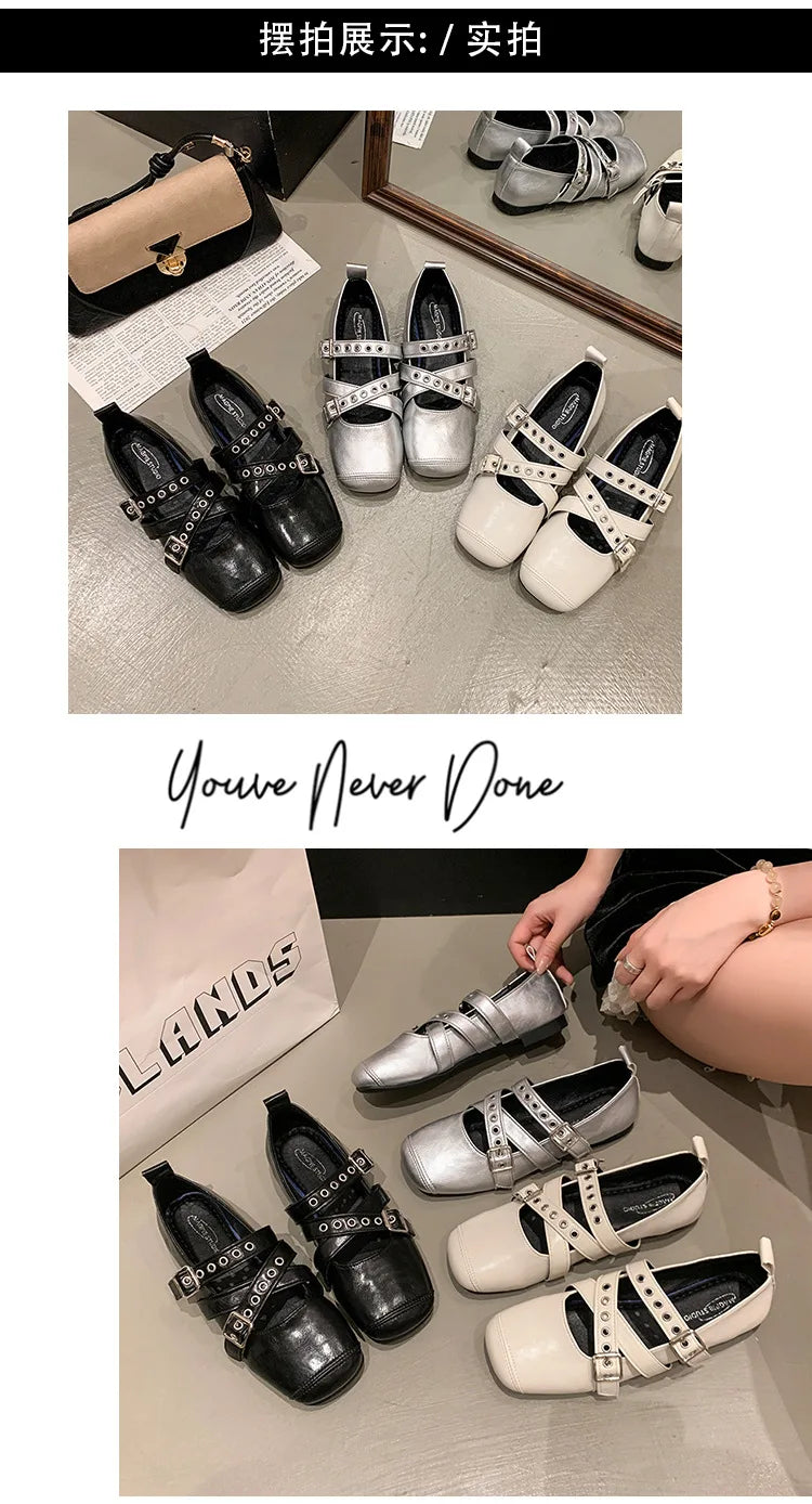 LBSFY -Designer Spring Women Mary Jane Shoes Fashion Square Toe Ladies Comfort Soft Sole Flats Women's Belt buckle Ballerinas Shoes