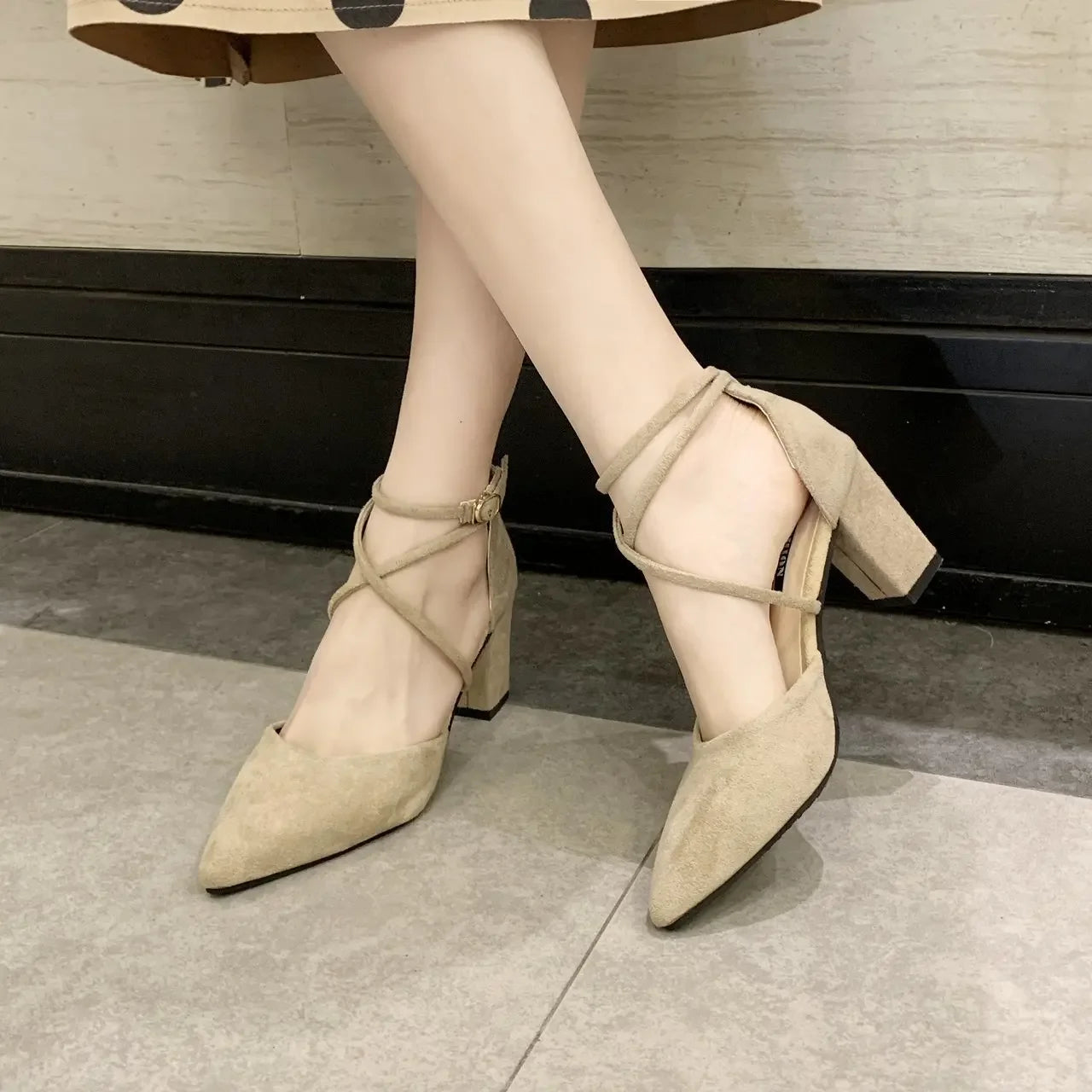 LBSFY -New Spring Autumn Women Heels Ankle Cross Strap Thick High Heel Sexy Female Shoes Casual Suede Black Pointed Toe Pumps