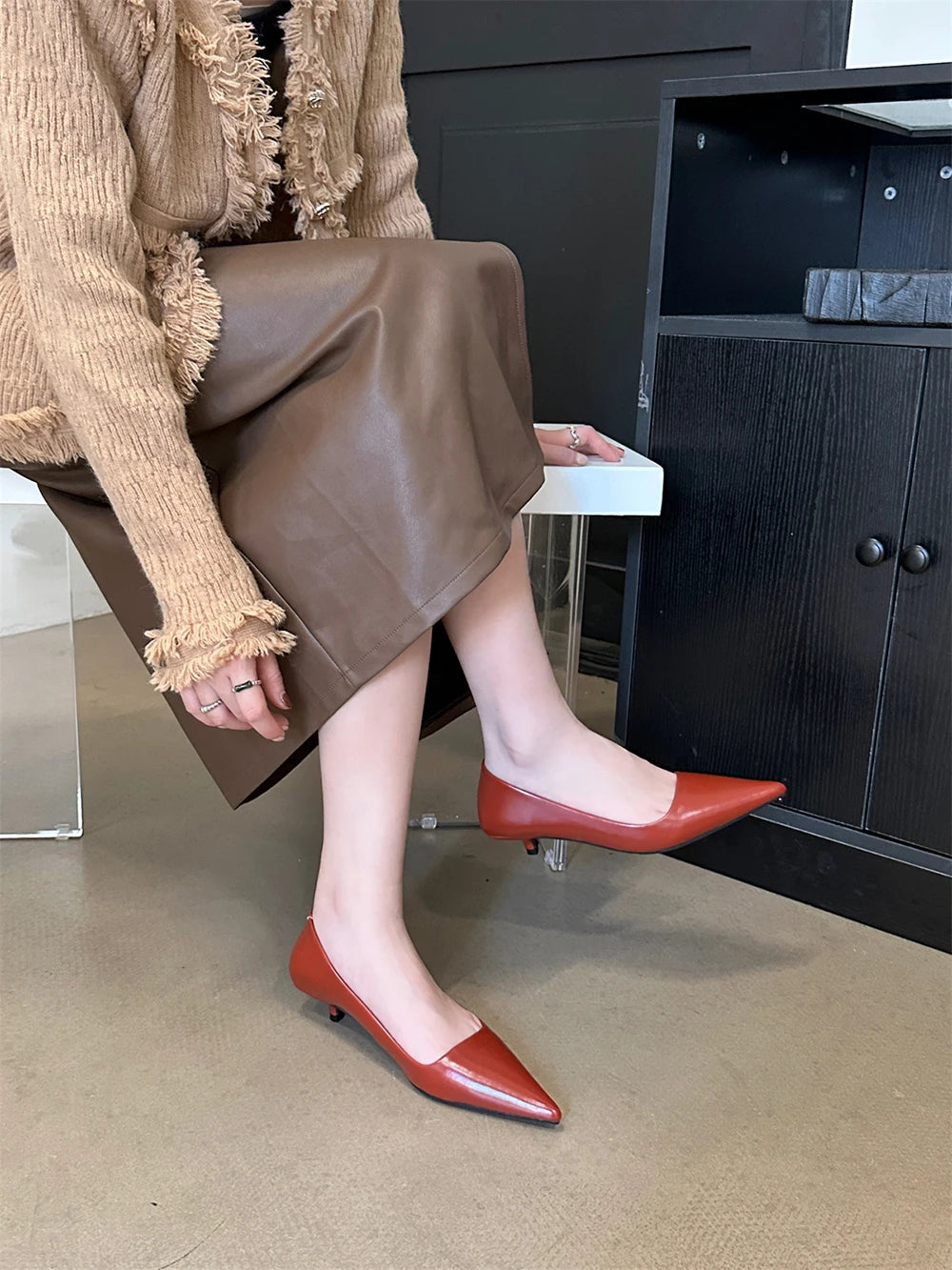 LBSFY  -  Fashion Women Pumps Pointed Toe Shallow Slip On Thin Mid Heels Black Red Khaki Red Office Shoes Woman Sexy Pumps Size 35-39