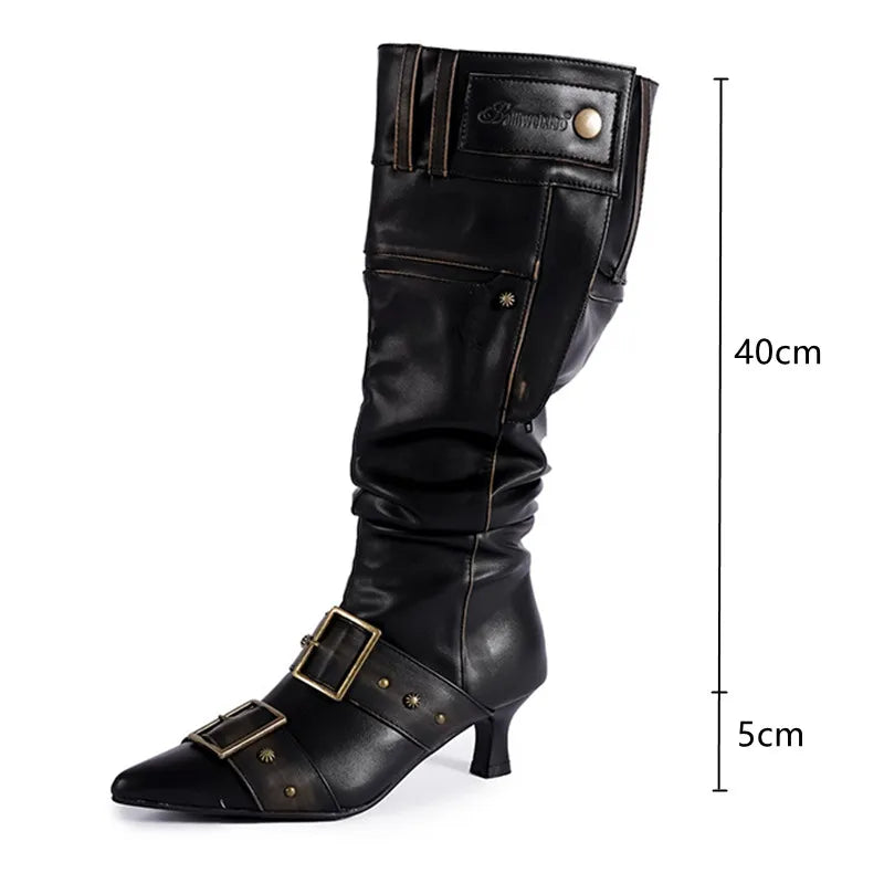 LBSFY  -  Star style Fashion Pointed toe Belt Buckle Metal Rivet Women Knee High Boots Autumn Winter Patent Leather High Heels Boots Shoes