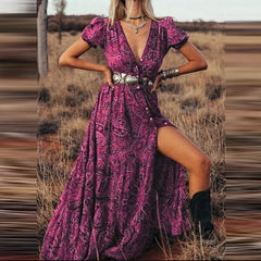 LBSFY  -  Elegant Split Holiday Party Dress Sexy Deep V-neck Short Sleeve Bohemian Dress Lady Fashion Pattern Print Hight Waist Long Dress