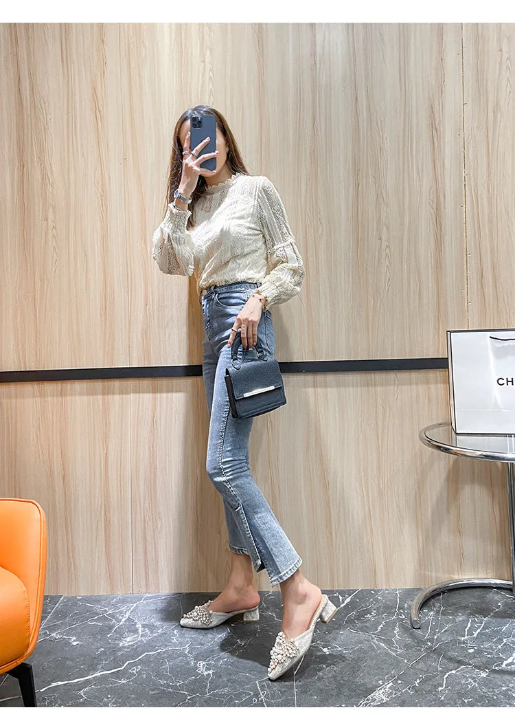 LBSFY -Pearl Half Slippers Women Shoe Autumn Rhinestone Chunky Mid Heel Slipper Sandals Fashion Muller Casual Versatile Single Shoes